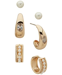 Anne Klein 3-Pc. Cubic Zirconia and Imitation Pearl Gold-Tone Round and Baguette Earrings Set