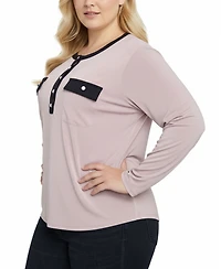 Ny Collection Women's Plus Long Sleeve Contrast Detail Top