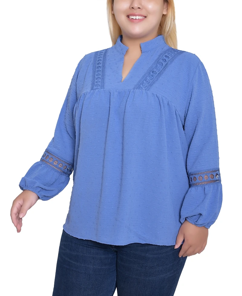 Ny Collection Women's Plus Crochet Trim Long Sleeve Blouse Top