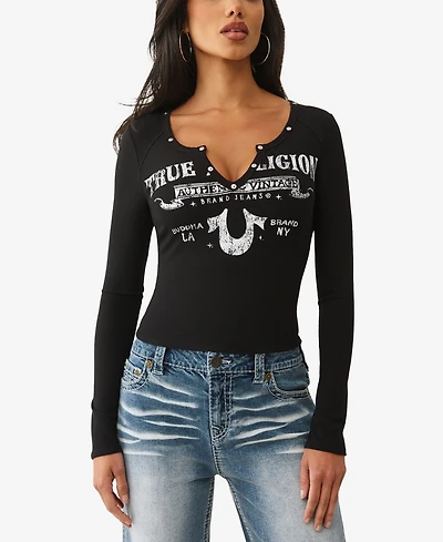 True Religion Women's Ribbed Logo Rivets V Notch Top