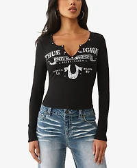 True Religion Women's Ribbed Logo Rivets V Notch Top