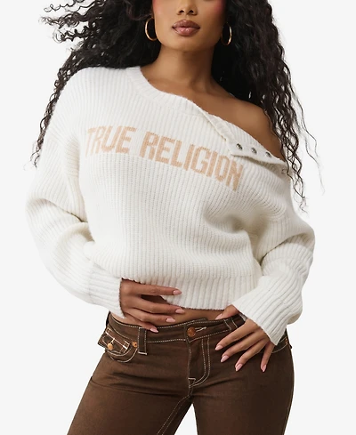 True Religion Women's Logo Off Shoulder Sweater