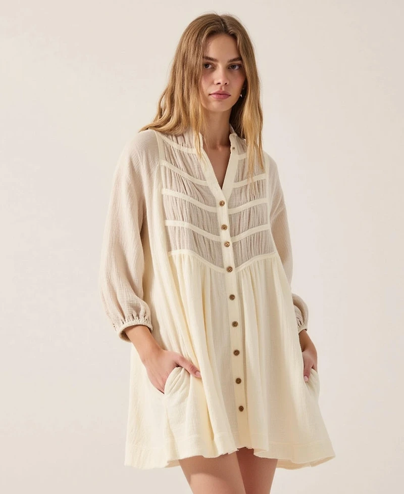 Modenaire Women's Textured Sheer Panel Pintuck Shirt Dress