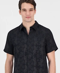 Guess Men's Lion Peony Jacquard Short-Sleeve Button-Front Shirt