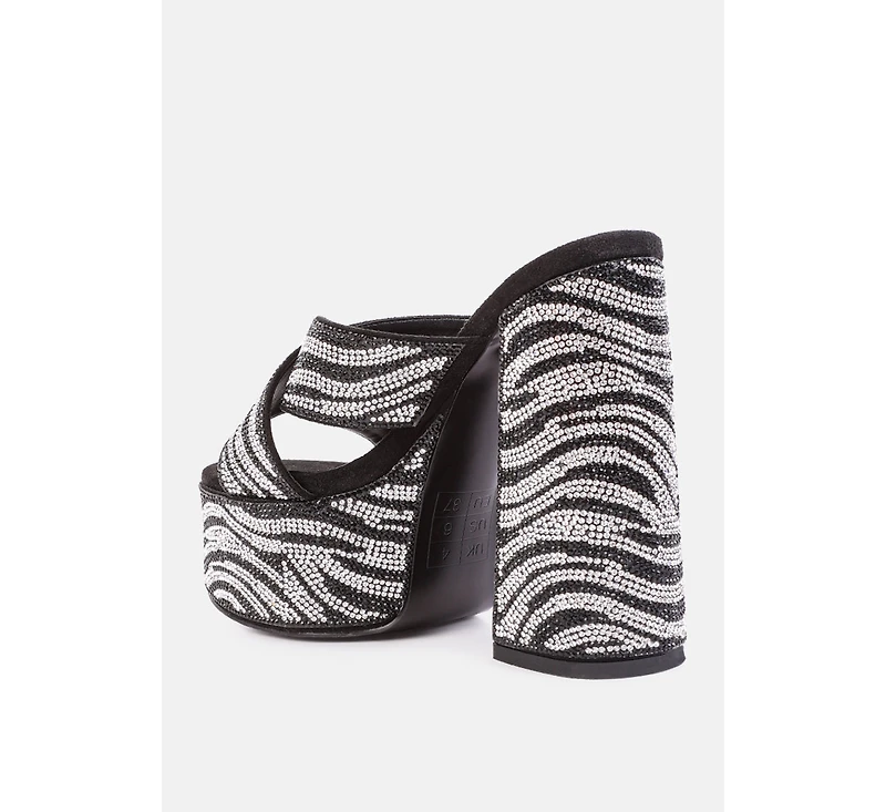 Sinful High Platform Patterned Diamante Slides sandals