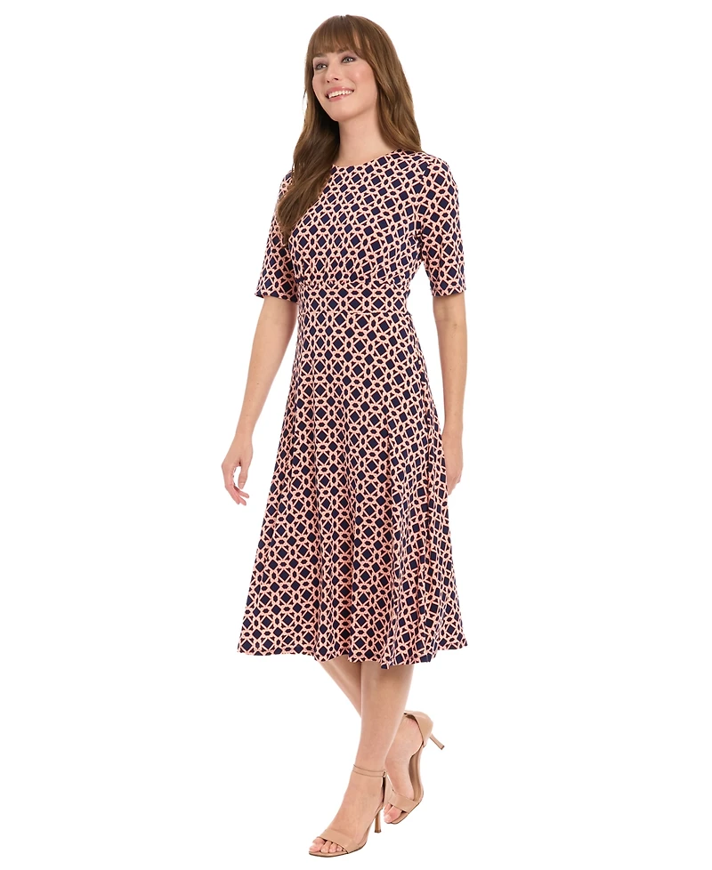 London Times Women's Printed Elbow-Sleeve A-Line Dress