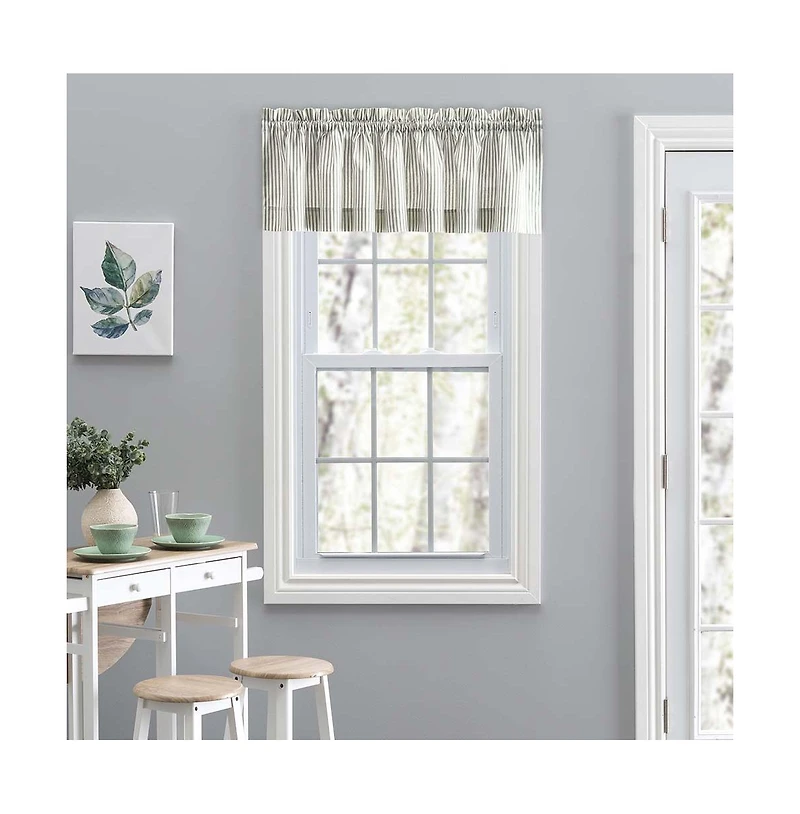 Ellis Curtain Plaza Classic Ticking Stripe Printed on 1.5" Rod Pocket Natural Ground Tailored Valance 58" x 15" Sage