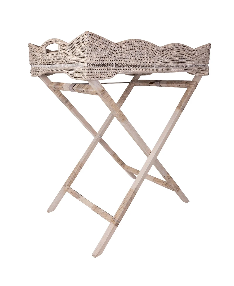 Artifacts Rattan Scallop Design Butler Tray with Wooden Legs