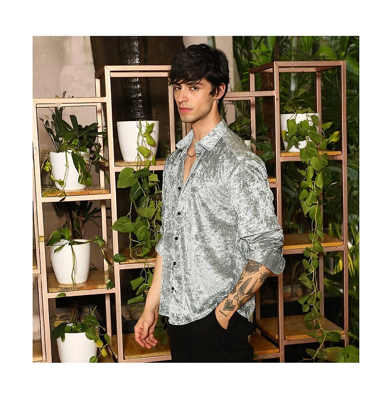 Campus Sutra Men's Sage Green Solid Velvet Shirt