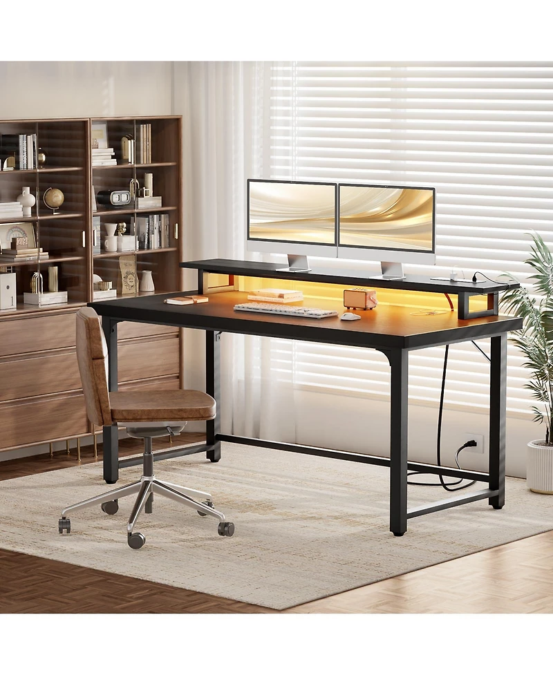 53.2" Computer Desk with Monitor Stand and Power Outlets