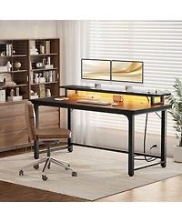 53.2" Computer Desk with Monitor Stand and Power Outlets
