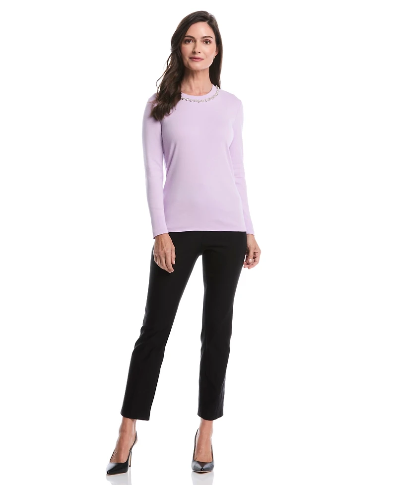Rafaella Petite Embellished Neck Long Sleeve Top