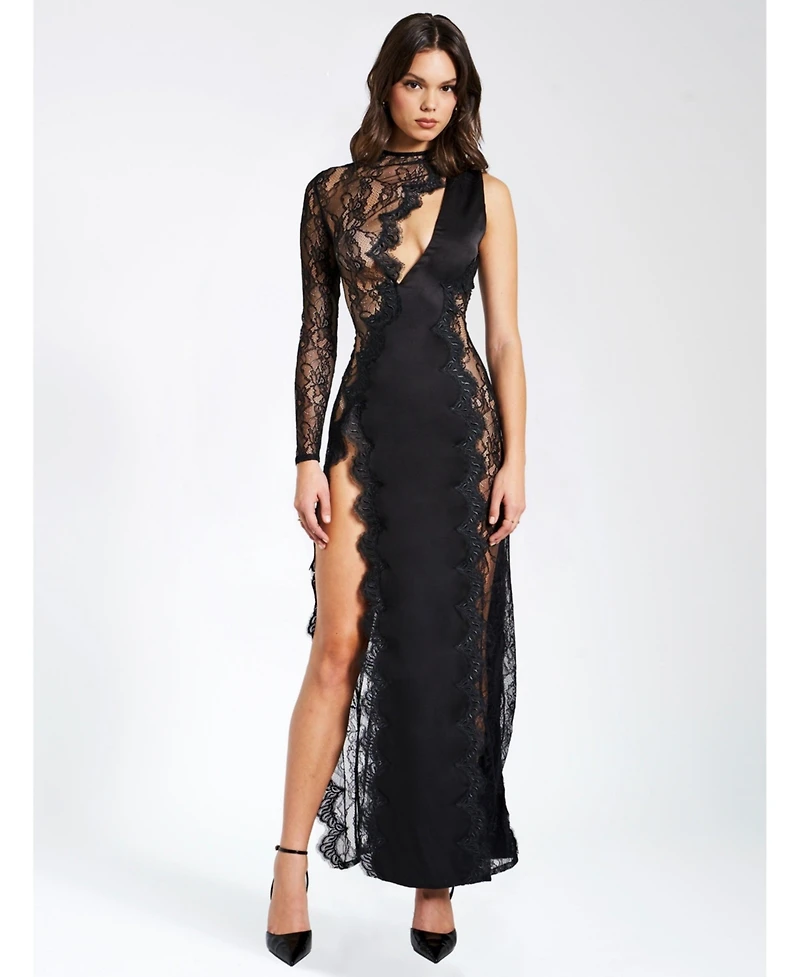 Miss Circle Women's Weslyn Black Satin Lace High Slit Dress