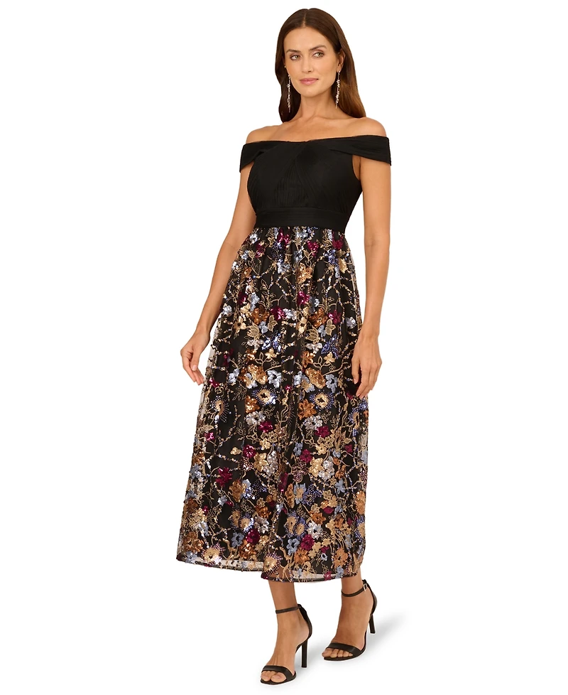 Adrianna Papell Women's Off-Shoulder Embroidered Combo Gown