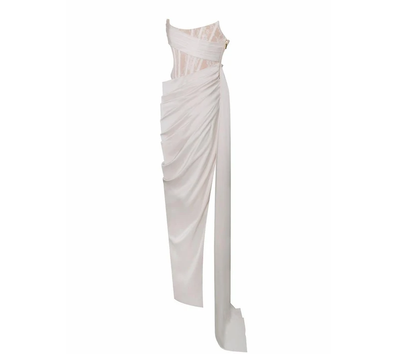 Miss Circle Women Callie Pearl White Lace Satin Corset High Slit Gown