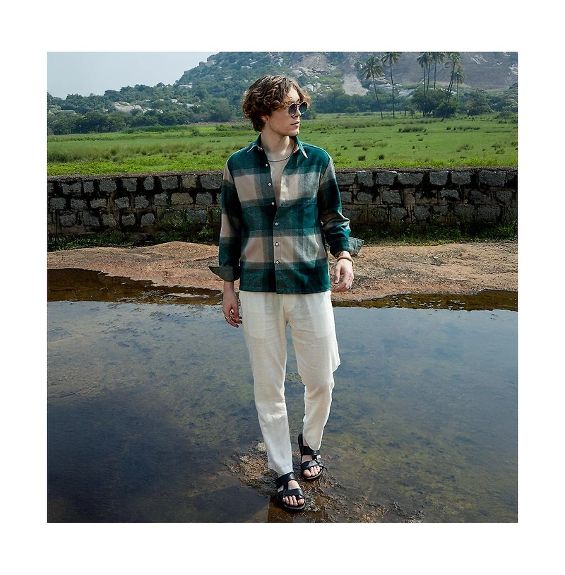 Campus Sutra Men's Emerald Green & Buff Beige Vignette-Checkered Oversized Shirt
