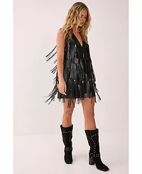 Nasty Gal Women's Faux Leather Tassel Plunge Mini Dress