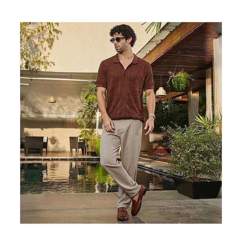 Campus Sutra Men's Russet Brown Fluid-Knit Polo Shirt