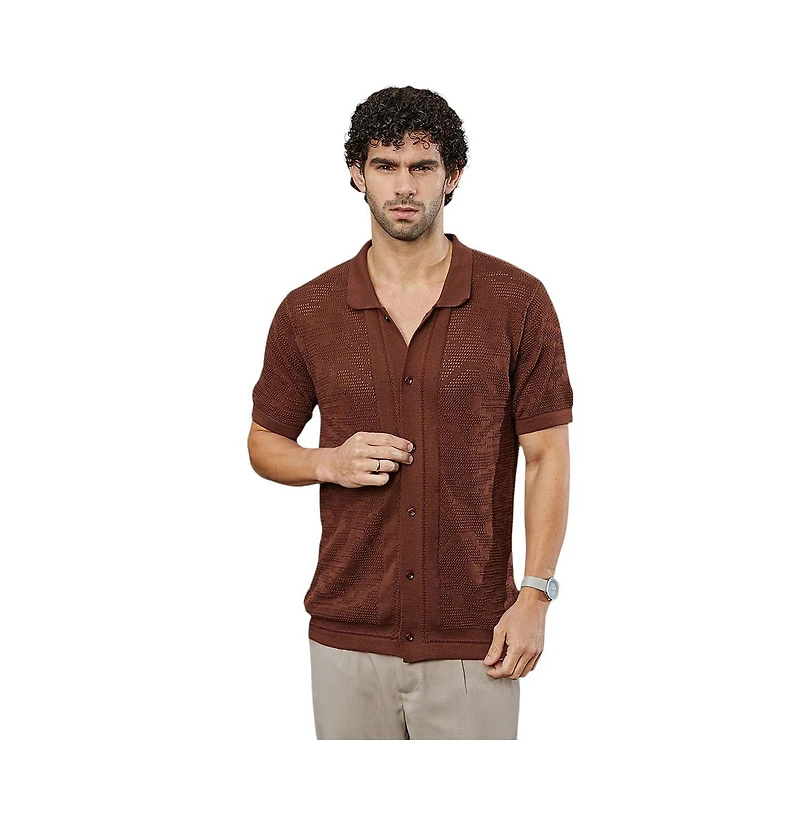 Campus Sutra Men's Russet Brown Fluid-Knit Polo Shirt