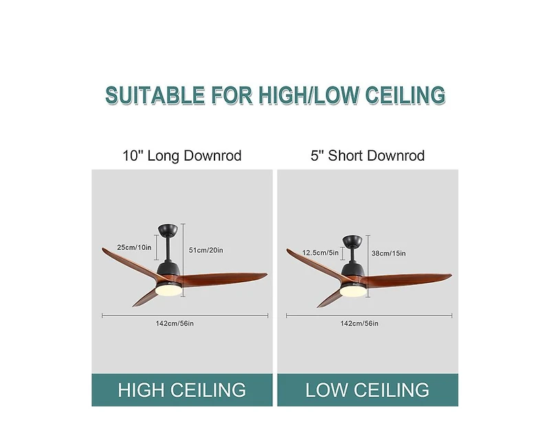 56-inch Modern 3 Solid Wood Blade Tri Color Dimming Ceiling Fan with Six Speed Remote Control and Forward Reverse Function for Indoor