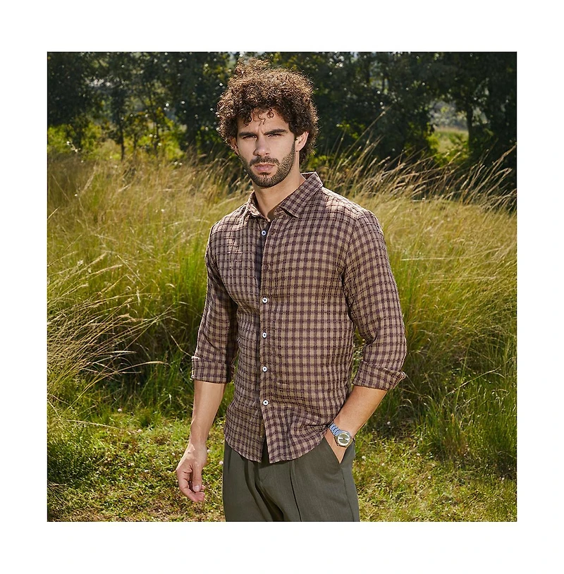 Campus Sutra Men's Mocha Brown Bi-Check Shirt
