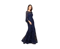 Lara Women's Illusion Neck, Long Bell Sleeve Gown