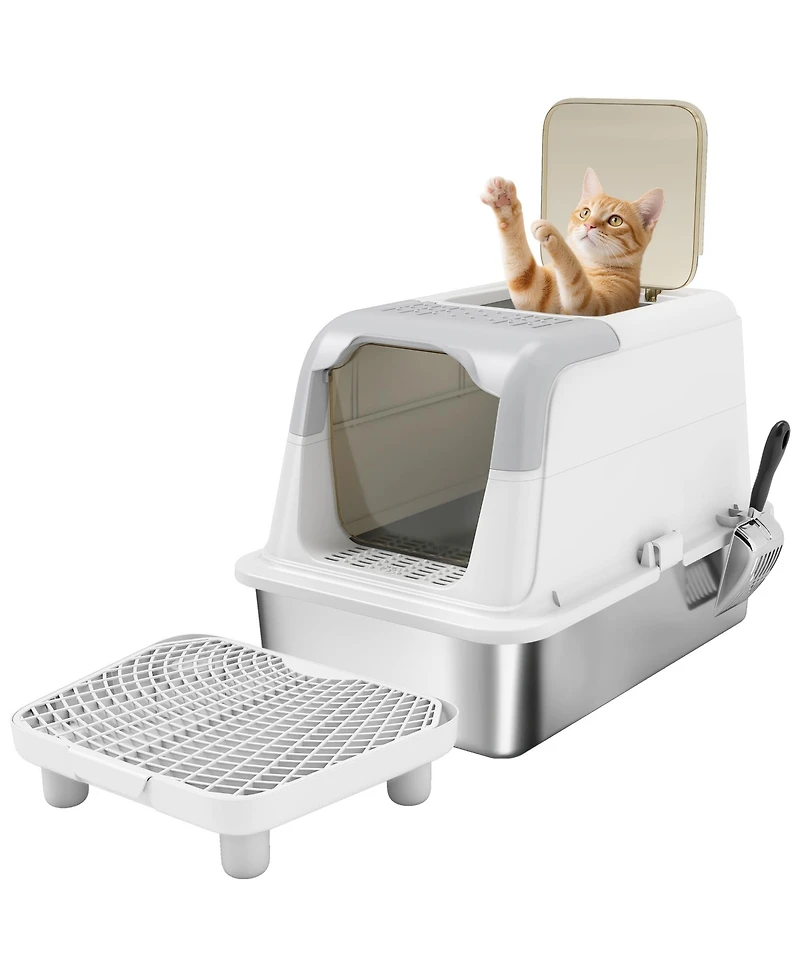 PawHut Stainless Steel Litter Box with Lid, Extra Large Cat Litter Box