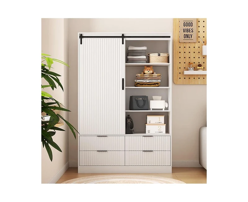 Casainc Tall Cabinet Bedroom Armoire Wardrobe Closet Clothing with Hanging Rod Barn Door Drawers Open Shelves