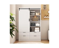 Casainc Tall Cabinet Bedroom Armoire Wardrobe Closet Clothing with Hanging Rod Barn Door Drawers Open Shelves