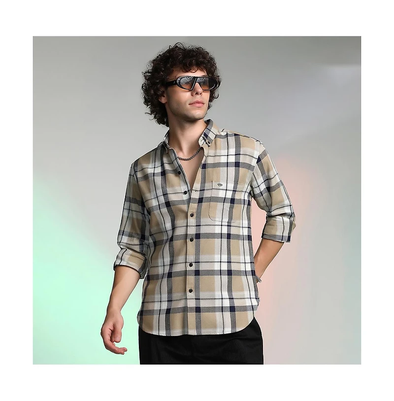 Campus Sutra Men's Sand Beige Shadow-Checkered Shirt