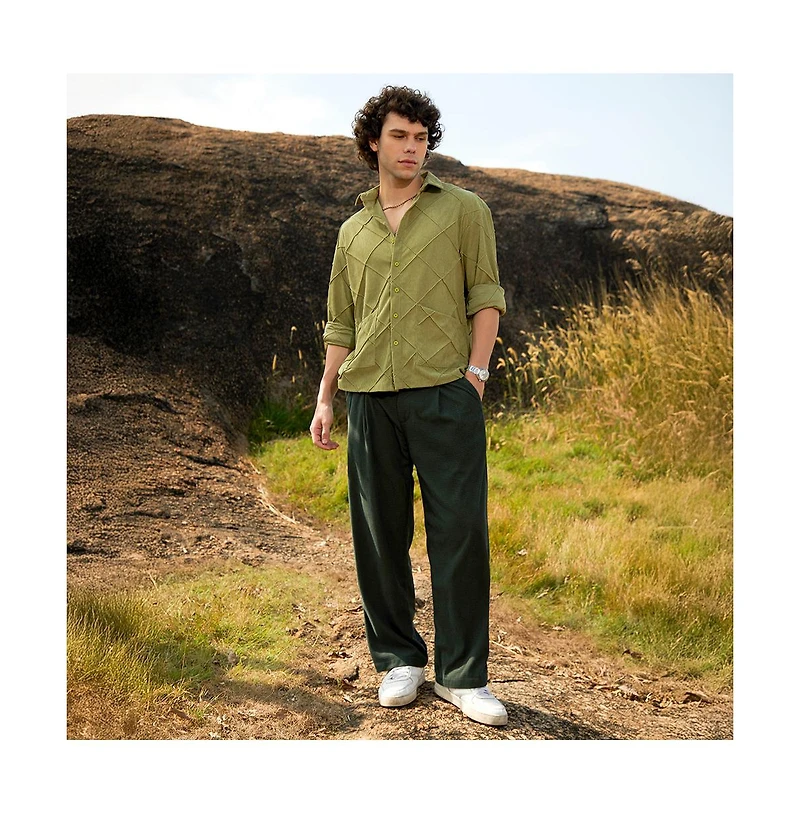 Campus Sutra Men's Pistachio Green Grid-Corduroy Shirt