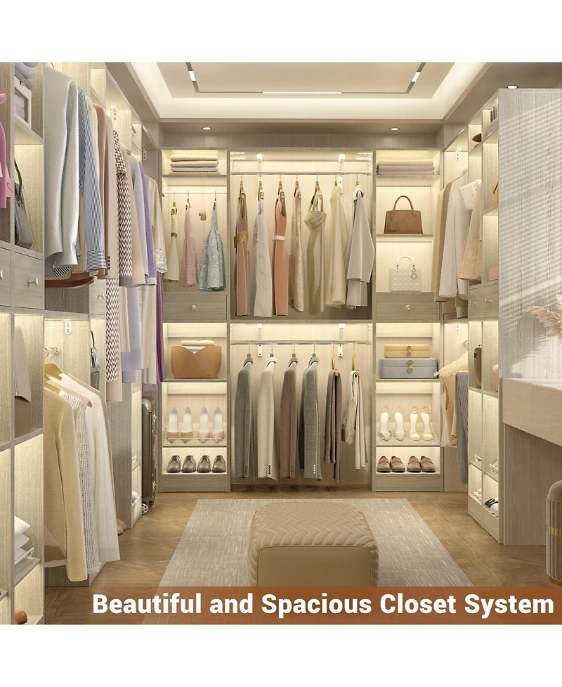 Aheaplus 58" - 90'' W Closet System with 2 Drawers, Large Walk-in Closet Organizer with 3 Hanging Rods and Shelves