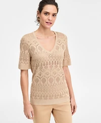 Jm Collection Petite Short-Sleeve Pointelle V-Neck Sweater, Macy's Exclusive