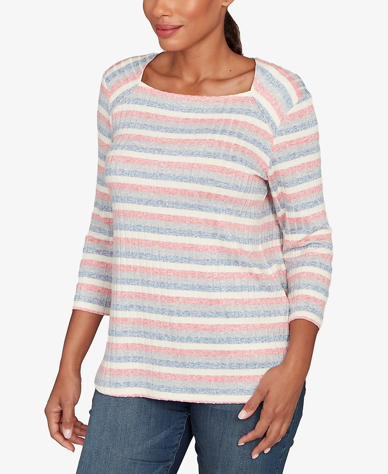Ruby Rd. Petite Marled Stripe Envelope Neck Rib Knit Top