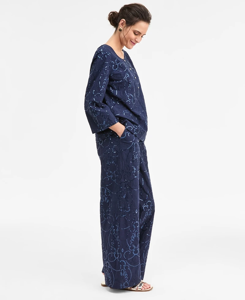 Jm Collection Women's Sequin Eyelet Wide-Leg Pants, Macy's Exclusive