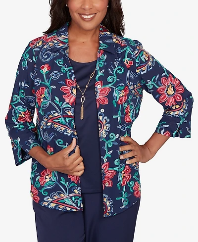 Alfred Dunner Women's Saratoga Springs Paisley Floral Two One Top with Necklace