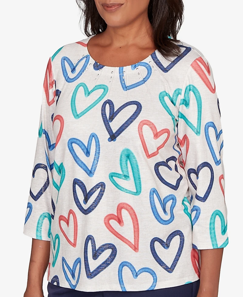 Alfred Dunner Women's Saratoga Springs Tossed Heart Pattern Knit Top