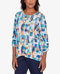Alfred Dunner Women's Saratoga Springs Tile Print Colorblock Textured Top