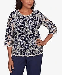 Alfred Dunner Women's Saratoga Springs Floral Lace Trim Soft Knit Top
