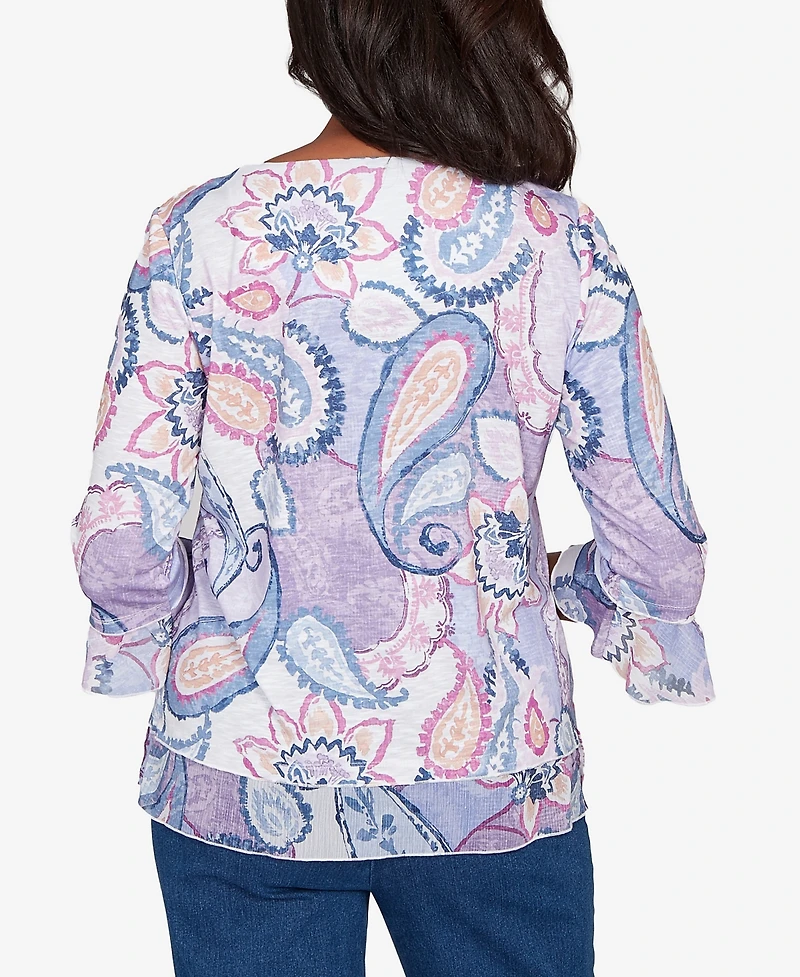 Alfred Dunner Women's Hilton Head Paisley Print Layered Hem Knit Top