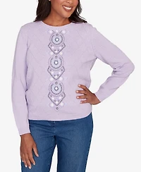 Alfred Dunner Women's Hilton Head Center Embroidery Accent Sweater