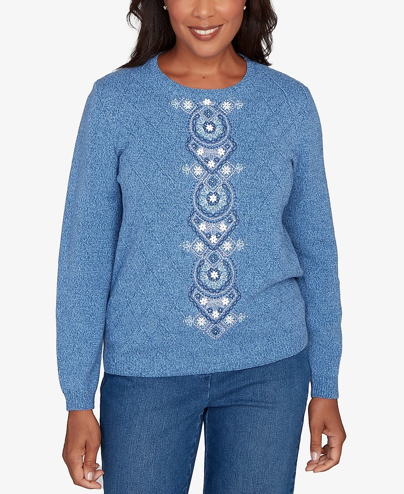 Alfred Dunner Women's Hilton Head Center Embroidery Accent Sweater