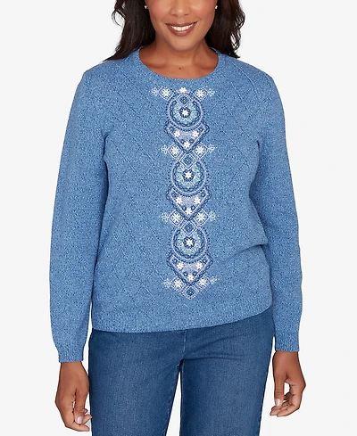 Alfred Dunner Women's Hilton Head Center Embroidery Accent Sweater