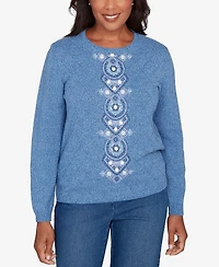 Alfred Dunner Women's Hilton Head Center Embroidery Accent Sweater