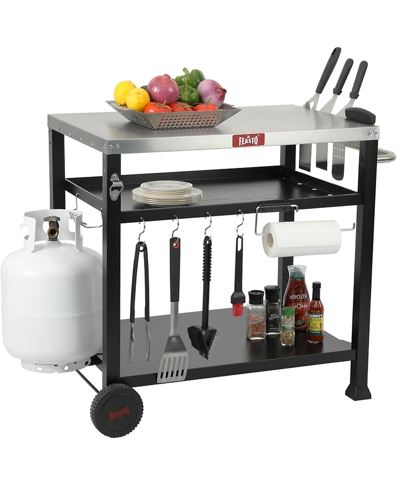 Three Shelf Movable Food Prep and Work Cart Table Home and Outdoor Table Top Worktable on Two Wheels