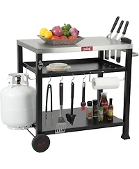 Three Shelf Movable Food Prep and Work Cart Table Home and Outdoor Table Top Worktable on Two Wheels