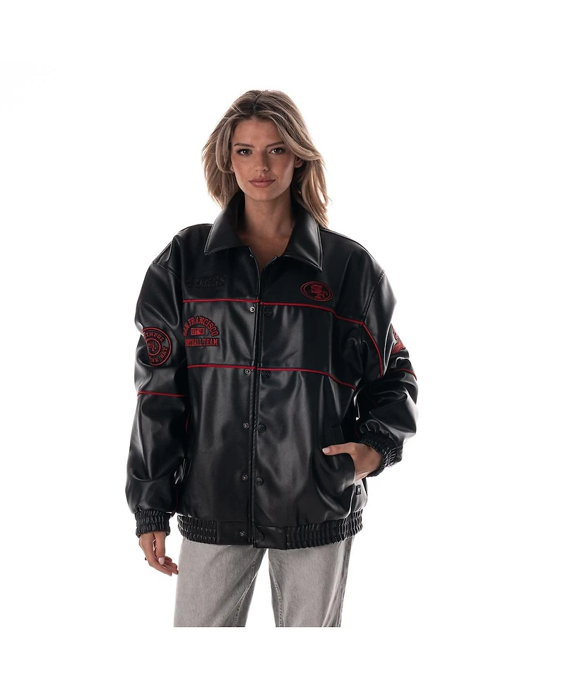 The Wild Collective Women's Black San Francisco 49ers Faux Leather Full-Snap Racing Jacket