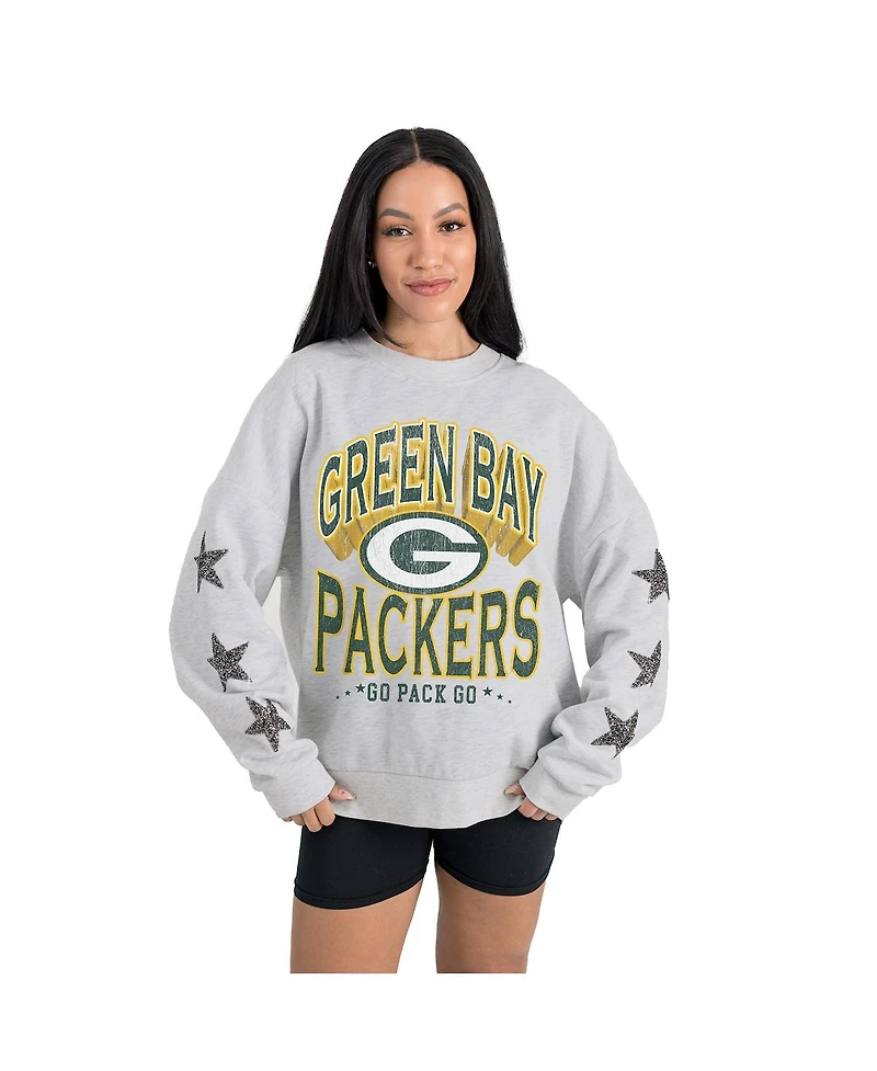 Gameday Couture Women's Ash Green Bay Packers Resilience Relaxed Rhinestone Pullover Sweatshirt