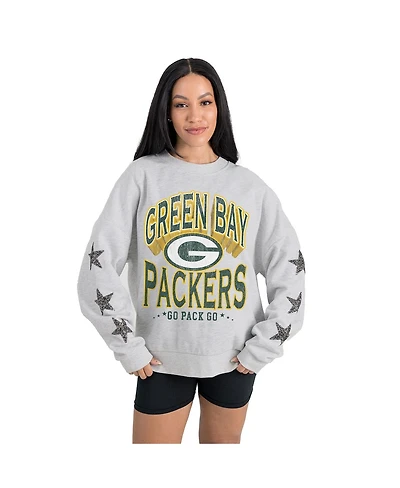 Gameday Couture Women's Ash Green Bay Packers Resilience Relaxed Rhinestone Pullover Sweatshirt