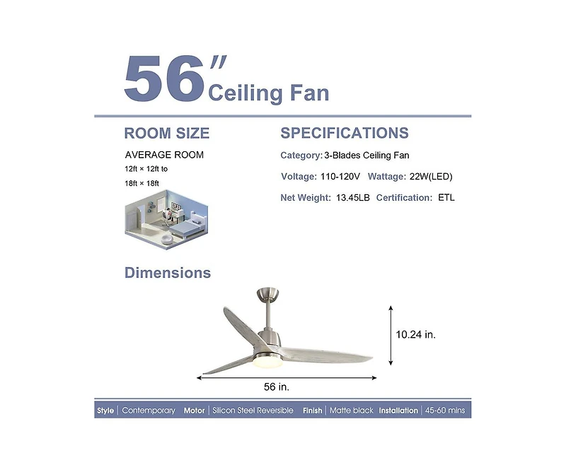 56-inch Modern Golden 3 Solid Wood Blade Tri Color Dimming Ceiling Fan with Six Speed Remote Control and Forward Reverse Function for Indoor